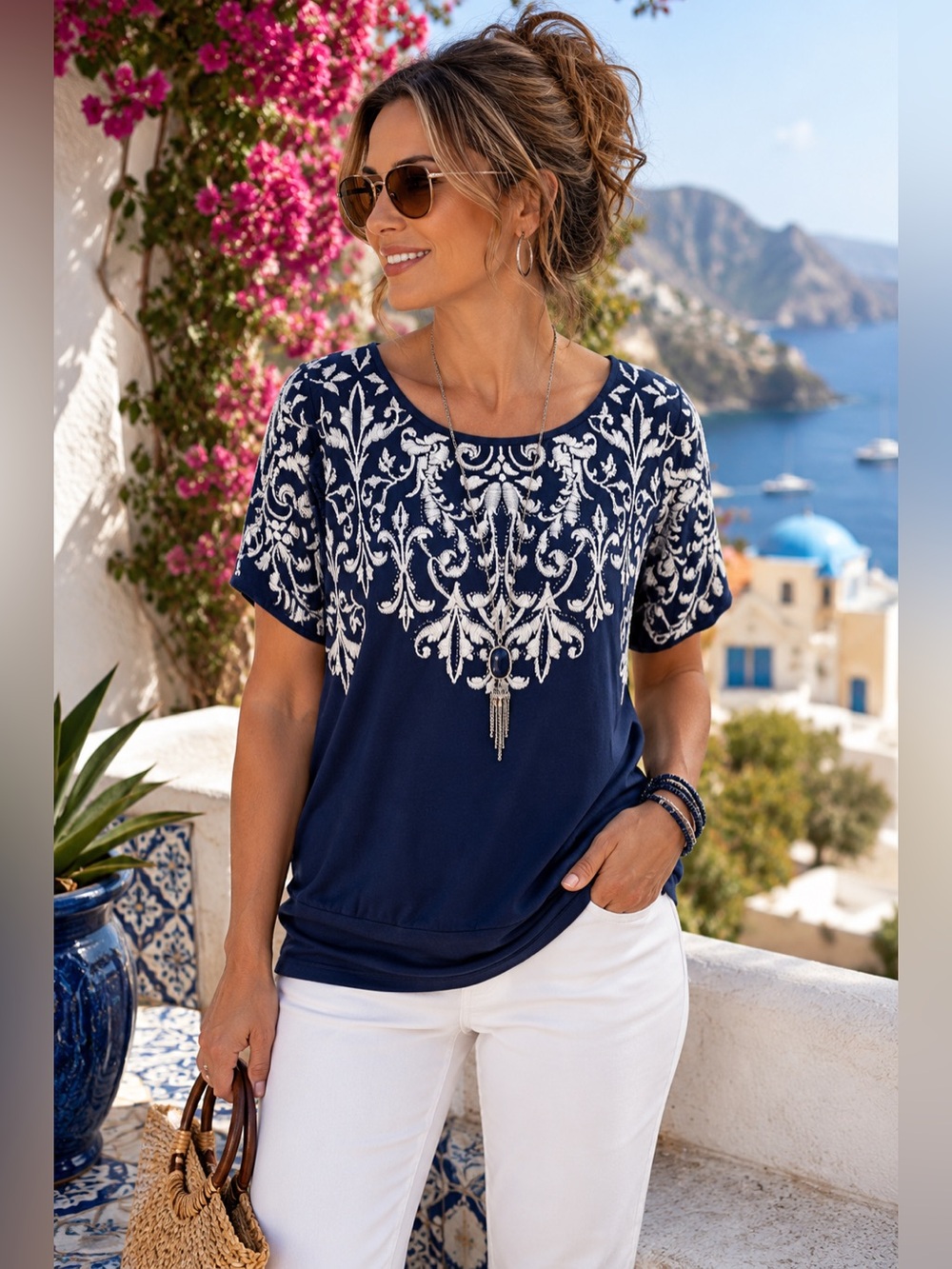 B.L.E.U. USA Embroidered Navy Top M | White Scroll Print Rayon Blouse